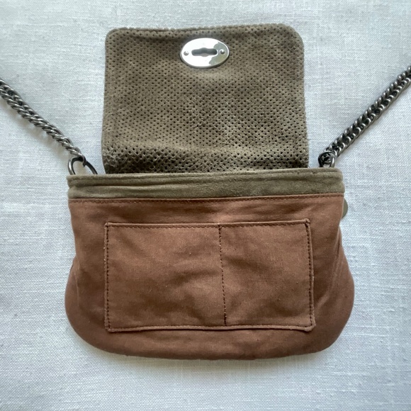 ASH Dark Taupe Leather Suede Boho Crossbody Chunky Metal Strap Bag - Picture 6 of 16